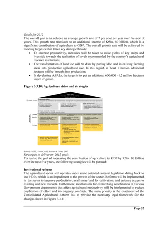Goals for 2012
The overall goal is to achieve an average growth rate of 7 per cent per year over the next 5
years. This growth rate translates to an additional income of KShs. 80 billion, which is a
significant contribution of agriculture to GDP. The overall growth rate will be achieved by
meeting targets within three key strategic thrusts:
    • To increase productivity, measures will be taken to raise yields of key crops and
        livestock towards the realisation of levels recommended by the country’s agricultural
        research institutions;
    • The transformation of land use will be done by putting idle land in existing farming
        areas into productive agricultural use. In this regard, at least 1 million additional
        hectares will be brought into production;
    • In developing ASALs, the target is to put an additional 600,000 –1.2 million hectares
        under irrigation.

Figure 3.3.10: Agriculture vision and strategies

                                                                                                 V isio n 2030
                                                                                    Inno vati ve, c om m erc ially -oriented,
                                                                                             m odern agric ulture
                                       In stitu tio n al refo rm
  S tra te gic th ru st s
                                       • Tr ans form k ey ins titutions into c om plem entary and high-perfo rm ing entities that enable pri vate-s ec tor agric ultural
                                          growth
                                       In crea se p ro d u ctivity                  L an d u se T ran sfo rm atio n              A S A L d evelo p m en t
                                       • Inc reas e produc ti vity of               B etter utilis ation of high- and            • S trategic ally devel op irriga ble
                                           c rops and lives toc k                   m edium -potential lands                        areas of A rid and S em i-A rid
                                                                                                                                    Lands (A S A L) for both c rops and
                                                                                                                                    lives toc k

                                       In crea se acce ss to m ark et s
                                       • Im pro ve ac c es s to m ark ets by s m all holders
                         O ve rall        Inc reas e agric ulture c ontribution to K eny a’s G DP by about K S hs 80 by 2012 , with pros pec ts for greater gro wth
       Goals for 2012




                                                                                                  through 2017
                        S p e cific    • Rais e y ields of k ey c rops and            • Inc reas e produc ti vity in s m all- • 600,000 to 1.2 m illion
                                           lives toc k to s tandards                     holders farm e rs                       additional hec tares under
                                           rec om m ended by res earc h               • Inc reas e utilis ation of idle lands    c ultivation
                                           ins titutions


                        S tra te g y
                                       • Reduc e input c os ts and inc reas e       • Create c om prehe ns i ve and              • Coordi nate s tak eholders to
                                          ac c ess to k m ark ets                      trans parent land regis try                 plan and im plem ent inno vati ve
                                                                                    • Create agric ulture land us e                de velopm e nt s c hem es
                                                                                       m as ter plan
                                                                                       – P rom ote effec ti ve and
                                                                                          effic ient land us e to inc reas e
                                                                                          produc ti vity .
                                                                                       – Utiliz e idle land


                                       • Im pro ve pro vis ion of agric ultural     • Cons olidate regulatory role o f
                                          s er vic es (e.g., R& D, ex tens ion,        go ver nm ent
                                          inform ation ) on pric es )               • Coordi nate and prom ote
                                                                                       agric ultural in ves tm ents and
                                                                                       ex ports




Source: NESC, Vision 2030, Research Teams, 2007
Strategies to deliver on 2012 goals
To realise the goal of increasing the contribution of agriculture to GDP by KShs. 80 billion
over the next five years, the following strategies will be pursued:

Institutional reforms
The agricultural sector still operates under some outdated colonial legislation dating back to
the 1930s, which is an impediment to the growth of the sector. Reforms will be implemented
in the sector to improve productivity, avail more land for cultivation, and enhance access to
existing and new markets. Furthermore, mechanisms for overarching coordination of various
Government departments that affect agricultural productivity will be implemented to reduce
duplication of effort and inter-agency conflicts. The main priority is the enactment of the
Consolidated Agricultural Reform Bill to provide the necessary legal framework for the
changes shown in Figure 3.3.11.

                                                                                                                                                                           Page 52
 