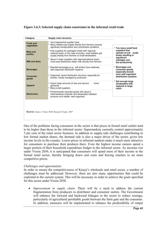 Figure 3.4.3: Selected supply chain constraints in the informal retail trade


 Category               Supply chain structure
                        • Very fragmented supplier base
  Fruits and
                        • Many retailers get supply directly from farmers causing
  vegetables
                          significant transportation and coordination problems         • Too many small food
                        • Few suppliers for packaged meats with regional/                suppliers that
  Meat and                                                                               operate at sub - scale
  poultry                 national reach; In the case of poultry, most retailers get
                          supply directly from farmers or small wholesalers              levels resulting in
                                                                                         significant
                        • About 5 major suppliers with regional/national reach;          wastages and
  Milk and dairy          most local distributors obtain milk directly from farmers      low productivity

                        • Branded beverages (e.g., soft drinks) have relatively        • Beverages and
  Beverages               well organized distribution systems                            consumer goods,
                                                                                         especially brands
                        • Organized, tiered distribution structure, especially for       have well organized
  Consumer                                                                               distribution systems
  goods                   brands; mostly managed by producers
                                                                                       • Not enough large
                        • Import large amounts of new and second          -hand          wholesalers with
  Apparel                 garments                                                       regional or large
                        • Many small suppliers                                           reach
                        • Predominantly imported goods with about 2
  Electronics             intermediaries (importer and wholesaler) between
                          producer and retailer; well organized




 Source: Source: Vision 2030, Research Teams, 2007




One of the problems facing consumers in the sector is that prices in formal retail outlets tend
to be higher than those in the informal sector. Supermarkets currently control approximately
5 per cent of the retail sector business. In addition to supply-side challenges contributing to
low formal market shares, the demand side is also a major driver of the sector, given low
income levels in the country. Lower prices in informal markets make it much more attractive
for consumers to purchase their products there. Even the highest income earners spend a
larger portion of their household expenditure budget in the informal sector. As incomes rise
under Vision 2030, it is anticipated that consumers will spend more of their income in the
formal retail sector, thereby bringing down unit costs and forcing retailers to set more
competitive prices.

Challenges and opportunities
In order to ensure the competitiveness of Kenya’s wholesale and retail sector, a number of
challenges must be addressed. However, there are also many opportunities that could be
exploited in the current system. This will be necessary in order to achieve the goals specified
for this sector under Vision 2030.

    •   Improvement in supply chain: There will be a need to address the current
        fragmentation from producers to distributor and consumer outlets. The Government
        will enhance the forward and backward linkages in the sector to reduce wastage,
        particularly of agricultural perishable goods between the farm gate and the consumer.
        In addition, measures will be implemented to enhance the predictability of output
                                                                                                             Page 65
 