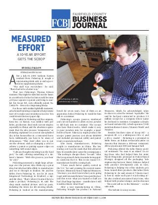 REPRINTED FROM THE ISSUE OF FEBRUARY 3, 2014
Drew Pickering Jr. with his
patented scoop in Easton.
PhotobyBillFallon
MEASURED
EFFORT
A 10-YEAR EFFORT
GETS THE SC0OP
Drew Pickering Jr. with his
patented scoop in Easton.
BY BILL FALLON
Bfallon@westfairinc.com
A
fter a July 16, 2003 workout, Easton
resident Drew Pickering Jr. sought a
rejuvenating drink only to end up cov-
ered in supplement powder.
“The stuff was everywhere,” he said.
“There had to be a better way.”
That was Pickering’s Thomas Edison
moment. That night he sketched out the basics
in a notebook of what for him would become
a 10-year sojourn to patent and bring to mar-
ket his Scoop E-Z, now officially patent No.
7,441,676 — Device for Dispensing Media.
For those with similar lightbulb moments,
ads abound featuring companies that promise
(sort of) to make your invention a success: You
could invent the next paper clip.
The reality for Pickering and his company,
Kenz Inc. in Easton, was riddled with pot-
holes, production dead ends (caveat emptor,
especially in China) and the absolute require-
ment that the idea possess “uniqueness,” as
Pickering explained on a recent sun-splashed
day in his home-office in a renovated horse
barn. Additionally, you have to be aware of
obviousness. “They don’t allow you to pat-
ent the obvious, such as changing a color to
achieve a patent or putting square edges on
something with round edges.
“I always thought inventing was the hard
part,” he said, offering something of a tin-
kerer’s lament. “With this process, you hear
‘no’ a lot.”
Pickering possessed a single large advan-
tage over the person who thinks up a great
idea, but who has little ability to manufacture
and see it through to fruition. He and his
father, Drew Pickering Sr., ran for 25 years
Kingswood Technology in Stratford, a tap-
and-die shop. “That’s where I learned how to
make a product,” Pickering Jr., 41, said. The
shop made medical devices and car parts,
including the levers for tilt steering wheels.
Pickering Jr. worked on the manufacturing
bench for seven years, four of them as an
apprentice, before Pickering Sr. would let him
talk to a customer.
Pickering’s scoops possess windowed
and curved handles to allow excess powder
to fall back into its container. The scoops
also have fluted necks, which make it easy
to pour powders into, for example, a quart
bottle of water. Taken as a single product, the
scoops’ patent journey cost about $40,000
and included provisional, utility and patent
treaty cooperation phases.
Like many manufacturers, Pickering
sought to manufacture in China. The low
startup cost was the musk that first attracted
him. Six months later came the comeuppance.
“The tooling is cheaper there,” he said. “After
that you get much better manufacturing qual-
ity control in the U.S. This is one reason U.S.-
manufactured stuff is coming back.
“I have much better quality control in
the U.S.,” he said, praising his current manu-
facturer, Minnesota-based National Measures.
“Overseas, you don’t know what you’re going
to get until six months later. You open the door
and this is not what you wanted or half are
bad. I had huge lag times — months later I still
would not know what I had.”
After a year manufacturing in China,
Pickering brought his product to National
Measures, which, he acknowledged, takes
its share in a deal he termed “equitable.” He
said he had just contracted to produce 2.5
million scoops for a company whose name
he declined to mention. Companies already
on board include GNC, which operates 7,500
nutrition-themed stores, Vitamin World and
Amazon.
Besides his three sizes of Scoop E-Z — a
teaspoon (15 c.c.), a tablespoon (30 c.c.) and
a 20-c.c. model — Pickering is a principal in
Molto Bene, an Italian restaurant/caterer in
Ansonia that features a 100-seat restaurant,
250-seat patio and 300-seat banquet hall.
Pickering offered the John Donne poeti-
cal sentiment “No man is an island” in cit-
ing those who had helped him: his sister
Nicole Fitzgerald, principal in Oxford-based
I-Design, designed all the packaging. Yale
engineering lecturer Henry Bolanos helped
with product development and, in turn,
Pickering is helping two of his students, pro
bono, launch their products. His father Drew
Pickering Sr., he said, ensured, “I knew exact-
ly how to make each part I was looking at.”
He also credited associates Dana Cotes, who
helped with product design, and Joe Keenan
— “He could sell ice to the Eskimos” — on the
sales side.
The website is scoop-ez.com.
 