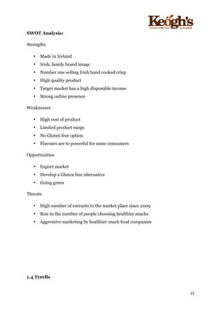 ! !!!!!!!!!!!!!!!! ! !!
15!
!
SWOT Analysis:
Strengths
• Made in Ireland
• Irish, family brand image
• Number one selling Irish hand cooked crisp
• High quality product
• Target market has a high disposable income
• Strong online presence
Weaknesses
• High cost of product
• Limited product range
• No Gluten free option
• Flavours are to powerful for some consumers
Opportunities
• Export market
• Develop a Gluten free alternative
• Going green
Threats
• High number of entrants to the market place since 2009
• Rise in the number of people choosing healthier snacks
• Aggressive marketing by healthier snack food companies
!
!
!
1.4 Tyrells
!
 