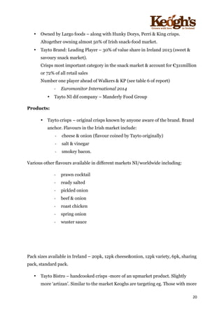 ! !!!!!!!!!!!!!!!! ! !!
20!
!
• Owned by Largo foods – along with Hunky Dorys, Perri & King crisps.
Altogether owning almost 50% of Irish snack-food market.
• Tayto Brand: Leading Player – 30% of value share in Ireland 2013 (sweet &
savoury snack market).
Crisps most important category in the snack market & account for €311million
or 72% of all retail sales
Number one player ahead of Walkers & KP (see table 6 of report)
- Euromonitor International 2014
• Tayto NI dif company – Manderly Food Group
Products:
• Tayto crisps – original crisps known by anyone aware of the brand. Brand
anchor. Flavours in the Irish market include:
- cheese & onion (flavour coined by Tayto originally)
- salt & vinegar
- smokey bacon.
Various other flavours available in different markets NI/worldwide including:
- prawn cocktail
- ready salted
- pickled onion
- beef & onion
- roast chicken
- spring onion
- wuster sauce
Pack sizes available in Ireland – 20pk, 12pk cheese&onion, 12pk variety, 6pk, sharing
pack, standard pack.
• Tayto Bistro – handcooked crisps -more of an upmarket product. Slightly
more ‘artizan’. Similar to the market Keoghs are targeting eg. Those with more
 