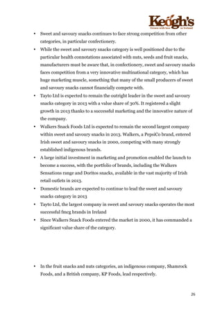! !!!!!!!!!!!!!!!! ! !!
26!
!
• Sweet and savoury snacks continues to face strong competition from other
categories, in particular confectionery.
• While the sweet and savoury snacks category is well positioned due to the
particular health connotations associated with nuts, seeds and fruit snacks,
manufacturers must be aware that, in confectionery, sweet and savoury snacks
faces competition from a very innovative multinational category, which has
huge marketing muscle, something that many of the small producers of sweet
and savoury snacks cannot financially compete with.
• Tayto Ltd is expected to remain the outright leader in the sweet and savoury
snacks category in 2013 with a value share of 30%. It registered a slight
growth in 2013 thanks to a successful marketing and the innovative nature of
the company.
• Walkers Snack Foods Ltd is expected to remain the second largest company
within sweet and savoury snacks in 2013. Walkers, a PepsiCo brand, entered
Irish sweet and savoury snacks in 2000, competing with many strongly
established indigenous brands.
• A large initial investment in marketing and promotion enabled the launch to
become a success, with the portfolio of brands, including the Walkers
Sensations range and Doritos snacks, available in the vast majority of Irish
retail outlets in 2013.
• Domestic brands are expected to continue to lead the sweet and savoury
snacks category in 2013
• Tayto Ltd, the largest company in sweet and savoury snacks operates the most
successful fmcg brands in Ireland
• Since Walkers Snack Foods entered the market in 2000, it has commanded a
significant value share of the category.
• In the fruit snacks and nuts categories, an indigenous company, Shamrock
Foods, and a British company, KP Foods, lead respectively.
 