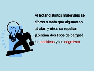 Al frotar distintos materiales se
dieron cuenta que algunos se
atraían y otros se repelían:
¡Existían dos tipos de cargas!
las positivas y las negativas.
 