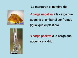 Le otorgaron el nombre de:

              carga negativa a la carga que
              adquiría el ámbar al ser frotado
              (igual que el plástico).
     Hgrobe




              carga positiva a la carga que
              adquiría el vidrio.


luna serena
 