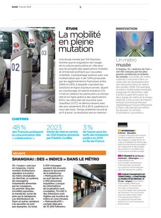 Keolis • Février 2014 5 
étude InnovatIon 
La mobilité 
en pleine 
mutation 
Une étude menée par SIA Partners 
montre que la stagnation de l’usage 
de la voiture particulière en ville ainsi 
que les progrès des applications mobiles 
et d’Internet profitent aux nouvelles 
mobilités. L’autopartage explose avec une 
multiplication par 4 de l’offre proposée 
par les agglomérations françaises entre 
2005 et 2012, à laquelle s’ajoutent les 
solutions en ligne d’acteurs privés. Quant 
au covoiturage, en pleine mutation 2.0, 
il met en relation les particuliers en temps 
réel et en ligne grâce à des applications. 
Enfin, les véhicules de tourisme avec 
chauffeur (VTC) se démocratisent avec 
des prix seulement 20 à 30 % supérieurs à 
ceux des taxis. Temps d’attente record et 
wi-fi à bord : la révolution est en marche ! 
Shanghai : deS « indicS » danS le métro 
25 « tuyaux » par jour 
en moyenne, c’est le 
nombre d’infractions 
signalées à la police 
du métro shanghaïen 
via WeChat, un système 
de messagerie 
instantanée alimentée 
par les voyageurs. 
Au premier rang des 
incivilités reportées, 
la mendicité, suivie de 
près par le tabagisme. 
Les distributeurs de 
flyers et autres vendeurs 
à la sauvette ne sont 
pas épargnés. Au total, 
5 200 messages 
auraient été envoyés 
depuis le lancement 
de la plateforme 
« Metropolice110 » 
en avril dernier, et 
2 300 personnes 
inquiétées. Lorsque 
les informations 
de localisation sont 
complètes, 70 à 80 % 
des infractions sont 
réglées par la police du 
métro en cinq minutes. 
« Metropolice110 » 
compte déjà plus 
de 10 000 followers. 
Sécurité 
Un métro 
musée 
À Naples, 15 « stations de l’art » 
ont été conçues par les plus 
grands architectes et artistes 
du monde. Ces arrêts de métro 
sublimés s’inscrivent dans un 
vaste plan de développement 
des transports lancé au début 
des années 2000. Par exemple, 
la station multimodale Garibaldi, 
inaugurée fin décembre, relie 
à la fois la gare ferroviaire, les 
deux lignes de métro et le réseau 
régional. Conçue par l’architecte 
français Dominique Perrault 
(bibliothèque François-Mitterrand 
à Paris), elle devrait permettre 
de doubler le nombre 
d’utilisateurs quotidiens. 
ChIffres 
48 % 
des Français pratiquent 
la consommation dite 
« collaborative ». 
2023 
Année de mise en service 
du CDG Express annoncée 
par Frédéric Cuvillier. 
agenda 
intermodeS 
6 février – Bruxelles. 
Congrès international consacré 
à l’intermodalité du transport 
de voyageurs. L’objectif est de 
créer une plateforme d’échanges 
entre tous les acteurs européens 
afin d’apporter et de partager 
des solutions concrètes pour 
construire la mobilité durable. 
it-tranS 18-20 février – 
Karlsruhe – Allemagne. Qua-trième 
édition de 
la principale manifestation 
internationale consacrée 
aux solutions informatiques 
dans les transports publics. 
Forum tranSportS et 
territoireS, « conStruire 
la mobilité de demain » 
15 mai – Angers. Information 
multimodale, billettique, 
information en temps réel 
sont des composantes 
incontournables des politiques 
de transport. Pour accompa-gner 
les collectivités, Ideal 
Connaissances et Réunir 
co-organisent la première 
édition du Forum transports 
et territoires. 
3 % 
de hausse pour les 
tarifs des transports 
publics en 2014 
en Île-de-France. 
 