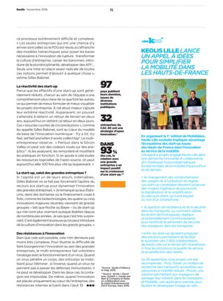97pays publient
leurs données,
issues de
diverses
institutions
publiques.
ce processus extrêmement difficile et complexe.
« Les seules entreprises qui ont une chance d’y
arriversontcellesoùlePDGestrésoluàs’affranchir
des modèles hiérarchiques pour poser les bases
nécessaires à l’innovation de rupture : transformer
la culture d’entreprise, casser les baronnies, intro-
duiredelapluridisciplinarité,développerdesAPI1
…
Seule une mise en place assez radicale de toutes
ces notions permet d’aboutir à quelque chose »,
estime Gilles Babinet.
La réactivité des start-up
Parce que les effectifs d’une start-up sont géné-
ralement réduits, chacun au sein de l’équipe a une
compréhensionplusclairedecequefontlesautres,
cequipermetdemieuxformuleretmieuxvisualiser
les projets d’entreprise. À cet atout majeur s’ajoute
leur extrême réactivité. Auparavant, on pouvait
s’attendre à obtenir un retour de terrain en deux
ans, aujourd’hui on obtient ce retour en deux jours.
Ces« bouclescourtesdecirconvolutions »,comme
les appelle Gilles Babinet, sont au cœur du modèle
de base de l’innovation numérique : Try a lot, try
fast,sellfastandwhenitworkscollectbig2
.Lemulti-
entrepreneur observe : « Partout dans la Silicon
Valley on peut voir des codeurs vissés sur des ana-
lytics3
 : ils les analysent, les remontent et modiﬁent
les pratiques en fonction. Si on ajoute à cela toutes
les ressources logicielles de l’open source, on peut
aujourd’hui aller 100 fois plus vite qu’auparavant. »
La start-up, salut des grandes entreprises ?
Si l’agilité est un de leurs atouts indéniables,
Gilles Babinet ne se fait pas forcément l’apôtre du
recours aux start-up pour dynamiser l’innovation
desgrandesentreprises.« Jeremarquequ’auxÉtats-
Unis, dans des domaines où le ﬁnancement coule à
ﬂots, comme les biotechnologies, les quatre ou cinq
innovations majeures récentes viennent de grands
groupes – tels que Roche ou Bayer – ou de start-up
qui n’en sont plus vraiment puisque établies depuis
denombreusesannées.Jesaisquec’esttrèssurpre-
nant.C’estégalementlapreuvequ’onpeutintroduire
delacultured’innovationdanslesgrandsgroupes. »
Des résistances à l’innovation
Bien que cela soit possible, cela n’en demeure pas
moins très complexe. Pour illustrer la difficulté de
faire bourgeonner l’innovation au sein des grandes
entreprises, le multi-entrepreneur fait volontiers
l’analogieaveclefonctionnementd’unvirus.Quand
un virus pénètre un corps, des anticorps se mobi-
lisent pour l’éliminer ; à l’inverse, quand un virus ne
parvient pas à passer les défenses immunitaires, il
ne peut se développer. Dans les deux cas, la conta-
gion est impossible. De même, quand l’innovation
estplacéeuniquementaucœurde l’entreprise,des
résistances internes la tuent dans l’œuf. Et
32entreprises du
CAC 40 ont une
stratégie d’open
innovation.*
En organisant la 1re édition de Mobilidées,
Keolis Lille souhaite impliquer davantage
l’écosystème des start-up issues
des Hauts-de-France dans l’innovation
au service de la mobilité.
Cet appel à projets engage Keolis Lille dans
une démarche innovante et collaborative
aﬁn d’adresser trois problématiques
fondamentales de la mobilité d’aujourd’hui
et de demain :
• le changement des comportements
des usagers lié à l’utilisation du digital.
Les start-up candidates devaient proposer
des moyens ingénieux de poursuivre
la digitalisation et la simpliﬁcation
du parcours client, qu’il soit équipé
ou non d’un smartphone ;
• la question de l’ambiance et de la sécurité
dans les transports, ou comment utiliser
les leviers technologiques, digitaux
et potentiellement communautaires
pour renforcer le sentiment de sécurité
des voyageurs dans les transports ;
• enﬁn, les start-up devaient proposer
des solutions permettant de faciliter
le quotidien des 2 800 collaborateurs
de Keolis Lille sur le terrain aﬁn d’améliorer,
in ﬁne, les processus, la qualité de service
et la satisfaction des clients.
Le 26 septembre, trois projets ont été
récompensés : Picto Travel, un moteur de
recherche des transports accessibles aux
personnes à mobilité réduite ; Moodi, une
solution permettant aux voyageurs de
partager leur ressenti dans les transports ;
et Pedalille, une application pensée pour
faciliter et développer l’usage du vélo.
KEOLIS LILLE LANCE
UN APPEL À IDÉES
POUR SIMPLIFIER
LA MOBILITÉ DANS
LES HAUTS-DE-FRANCE
côté
DANS
93 %
des cas, la
relation avec
une grande
entreprise a un
impact positif
sur la croissance
d’une start-up.**
*Source : étude d’Alliancy
le mag, 2015.
**Source : étude « David
avec Goliath », menée par
Bain & Company et Raise,
en collaboration avec
la chaire Entrepreneuriat
ESCP Europe, mars 2016.
Keolis • Novembre 2016 15
 