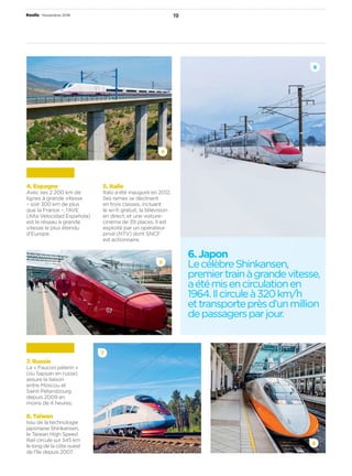 19Keolis • Novembre 2016
7
8
7. Russie
Le « Faucon pèlerin »
(ou Sapsan en russe)
assure la liaison
entre Moscou et
Saint-Pétersbourg
depuis 2009 en
moins de 4 heures.
8. Taïwan
Issu de la technologie
japonaise Shinkansen,
le Taiwan High Speed
Rail circule sur 345 km
le long de la côte ouest
de l’île depuis 2007.
6.Japon
LecélèbreShinkansen,
premiertrainàgrandevitesse,
aétémisencirculationen
1964.Ilcirculeà320 km/h
ettransporteprèsd’unmillion
depassagersparjour.
6
5
4. Espagne
Avec ses 2 200 km de
lignes à grande vitesse
– soit 300 km de plus
que la France –, l’AVE
(Alta Velocidad Española)
est le réseau à grande
vitesse le plus étendu
d’Europe.
5. Italie
Italo a été inauguré en 2012.
Ses rames se déclinent
en trois classes, incluant
le wi-ﬁ gratuit, la télévision
en direct, et une voiture-
cinéma de 39 places. Il est
exploité par un opérateur
privé (NTV) dont SNCF
est actionnaire.
4
 