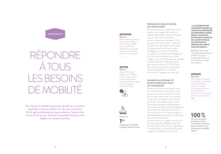14 15
RÉPONDRE
ÀTOUS
LESBESOINS
DE MOBILITÉ
SOLUTION N°5
Pour Keolis, la mobilité ne peut être durable qu’à condition
de profiter à tous les publics. Fort de cette conviction,
Keolis agit quotidiennement pour préserver l’équité entre
les territoires et pour favoriser l’accessibilité des personnes
fragiles aux transports publics.
PRÉSERVER L’ÉQUITÉ ENTRE
LES TERRITOIRES
Pour Keolis, penser la mobilité de manière
durable, c’est imaginer des modes de
déplacement adaptés à tous les territoires :
centres-villes, zones périurbaines,
quartiers résidentiels, campagne… C’est
pourquoi le Groupe propose, notamment,
une offre riche de transports interurbains
(75 départements en France, réseaux
en Belgique, au Canada, en Australie…).
Un segment sur lequel Keolis s’engage pour
offrir la meilleure qualité de service aux
voyageurs. En Loire-Atlantique, par exemple,
le réseau Lila Premier dispose de cars à
haut niveau de service (CHNS) offrant
de nombreux services à bord, des temps
de transport garantis et un système
d’information voyageurs en temps réel.
ASSURER L’ACCESSIBILITÉ
DE NOS RÉSEAUX À TOUS
LES VOYAGEURS
Keolis œuvre dans tous ses réseaux pour
une mobilité inclusive et positive, c’est-à-
dire pour proposer au plus grand nombre
des transports autonomes, sans obstacles,
et pour offrir des déplacements toujours
plus fluides, plus souples et plus intuitifs.
L’accès des personnes à mobilité réduite,
par exemple, est favorisé par l’aménagement
des arrêts et des véhicules, la formation
des conducteurs à une conduite souple ou
le développement de transport à la demande.
Une attention particulière
est aussi portée aux voyageurs illettrés ainsi
qu’à ceux ayant des difficultés cognitives
au travers de nombreux leviers : signalétique
compréhensible, simplicité de l’information
voyageurs, mobilisation du personnel...
MOBIBUS
Nevers
Depuis 2015, Keolis
propose 7 j/7 « Mobibus »,
un service de transport
à la demande (minibus
ou monospace avec rampe)
pour les voyageurs
en fauteuil roulant.
« L’ACCESSIBILITÉDES
TRANSPORTSBORDELAIS
A BEAUCOUPPROGRESSÉ,
CESDERNIÈRESANNÉES,
GRÂCEÀUNEFORTE
ÉCOUTEDESVOYAGEURS
DE LAPARTDEKEOLIS,
QUI S’EFFORCEDE
PRENDREENCOMPTE
TOUSLESPUBLICS. »
BÉNÉDICTE ALLIOT
Conseillère départementale
à l’APF (Association
des Paralysés de France)
de la Gironde en charge
des transports
ÉCLAIRAGE
Pays-Bas
Dans la région de Twente
à la population vieillissante,
la filiale néerlandaise
de Keolis a modifié
les éclairages des portes
d’accès des bus et
l’information pour répondre
aux besoins des voyageurs
âgés.
100 %des tramways opérés
par Keolis en France
sont équipés de planchers
bas pour faciliter l’accès
des personnes à mobilité
réduite.
Keolis est le
1er
transporteur de personnes
à mobilité réduite en France.
ACCESSIBILITÉ
Rennes
Métro adapté, bus équipés,
informations vocales aux
stations de bus : STAR,
le réseau de Rennes
Métropole, est accessible
aux personnes à mobilité
réduite et aux malvoyants.
 