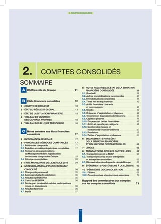 10
2. COMPTES CONSOLIDÉS
2. comptes consolidés
A Chiffres clés du Groupe. . . . . . . . . . . . . . . .  11
B États financiers consolidés . . . . . . . . . . . .  12
1 • Compte de résultat. . . . . . . . . . . . . . . . . . . . . . . 12
2 • État du résultat global. . . . . . . . . . . . . . . . . .  13
3 • État de la situation financière. . . . . . . . . . . 15
4 • Tableau de variation
des capitaux propres. . . . . . . . . . . . . . . . . . . . . 15
5 • Tableau des flux de trésorerie. . . . . . . . . . 16
C Notes annexes aux états financiers
consolidés. . . . . . . . . . . . . . . . . . . . . . . . . . . . . .  17
1 • Information générale. . . . . . . . . . . . . . . . . . . . 17
2 • Principales méthodes comptables . . . . . . 17
2.1. Référentiel comptable. . . . . . . . . . . . . . . . . . . . . . . . 17
2.2. évolution en matière de principes comptables. . . . . 17
2.3. Recours à des appréciations
du Management dans l’application
des normes comptables Groupe. . . . . . . . . . . . . . . 19
2.4. Principes comptables. . . . . . . . . . . . . . . . . . . . . . . . . 20
3 • Faits marquants de l’exercice 2016 . . . . . . 34
4 • Notes relatives à l’état du résultat
consolidé. . . . . . . . . . . . . . . . . . . . . . . . . . . . . . . . . . 35
4.1. Charges de personnel . . . . . . . . . . . . . . . . . . . . . . . . 35
4.2. Autres produits d’exploitation . . . . . . . . . . . . . . . . . 35
4.3. Résultat opérationnel. . . . . . . . . . . . . . . . . . . . . . . . . 35
4.4. Calcul de l’EBITDA . . . . . . . . . . . . . . . . . . . . . . . . . . . 36
4.5. Quote-part du résultat net des participations
mises en équivalence. . . . . . . . . . . . . . . . . . . . . . . . . 36
4.6. Résultat financier . . . . . . . . . . . . . . . . . . . . . . . . . . . . 36
4.7. Impôt . . . . . . . . . . . . . . . . . . . . . . . . . . . . . . . . . . . . . . . 37
5 • Notes relatives à l’état de la situation
financière consolidée. . . . . . . . . . . . . . . . . . . . 39
5.1. Goodwill. . . . . . . . . . . . . . . . . . . . . . . . . . . . . . . . . . . . . 39
5.2. Autres immobilisations incorporelles. . . . . . . . . . . 40
5.3. Immobilisations corporelles. . . . . . . . . . . . . . . . . . . 41
5.4. Titres mis en équivalence . . . . . . . . . . . . . . . . . . . . . 42
5.5. Actifs financiers courants
et non courants. . . . . . . . . . . . . . . . . . . . . . . . . . . . . . 43
5.6. Stocks . . . . . . . . . . . . . . . . . . . . . . . . . . . . . . . . . . . . . . 43
5.7. Créances d’exploitation et diverses. . . . . . . . . . . . 44
5.8. Trésorerie et équivalents de trésorerie. . . . . . . . . . 44
5.9. Capitaux propres. . . . . . . . . . . . . . . . . . . . . . . . . . . . . 44
5.10. Emprunts et dettes financières. . . . . . . . . . . . . . . 45
5.11. Actifs et passifs par catégorie. . . . . . . . . . . . . . . . 48
5.12. Gestion des risques et
instruments financiers dérivés . . . . . . . . . . . . . . .  50
5.13. Provisions. . . . . . . . . . . . . . . . . . . . . . . . . . . . . . . . . . 55
5.14. Dettes d’exploitation et diverses. . . . . . . . . . . . . . 60
6 • Engagements hors état
de la situation financière
et obligations contractuelles. . . . . . . . . . 61
7 • Litiges. . . . . . . . . . . . . . . . . . . . . . . . . . . . . . . . . . . . . . 62
8 • Transactions avec les parties liées. . . . . 62
8.1. Transactions avec la SNCF. . . . . . . . . . . . . . . . . . . . 62
8.2. Transactions avec les co-entreprises
et entreprises associées. . . . . . . . . . . . . . . . . . . . . . 62
8.3. Rémunération des dirigeants clés du Groupe. . . . . 62
9 • Événements postérieurs à la clôture . . 62
10 • Périmètre de consolidation. . . . . . . . . . . . 63
10.1. Filiales. . . . . . . . . . . . . . . . . . . . . . . . . . . . . . . . . . . . . 63
10.2. Co-entreprises et entreprises associées. . . . . . . 70
Rapport des commissaires aux comptes
sur les comptes consolidés. . . . . . . . . . . . . . . . . .  71
Sommaire
 