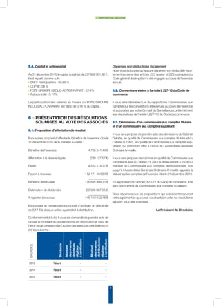 9
1. rapport de gestion
5.4. Capital et actionnariat
Au 31 décembre 2016, le capital social est de 237 888 901,80 € ;
il est réparti comme suit :
◗ SNCF Participations : 69,69 %
◗ CDP-IE: 30 %
◗ FCPE GROUPE KEOLIS ACTIONNARIAT : 0,14%
◗ Autocontrôle : 0.17%
La participation des salariés au travers du FCPE GROUPE
KEOLIS ACTIONNARIAT est donc de 0,14 % du capital.
6 • PRÉSENTATION DES RÉSOLUTIONS
SOUMISES AU VOTE DES ASSOCIÉS
6.1. Proposition d’affectation du résultat
Il vous sera proposé d’affecter le bénéfice de l’exercice clos le
31 décembre 2016 de la manière suivante :
Bénéfice de l’exercice	 4 762 541,44 €
Affectation à la réserve légale	 (238 127,07 €)
Reste	 4 524 414,37 €
Report à nouveau	 172 171 494,84 €
	_____________
Bénéfice distribuable	 176 695 909,21 €
Distribution de dividendes 	 (30 585 867,05 €)
	_____________
A reporter à nouveau	 146 110 042,16 €
Il vous sera en conséquence proposé d’attribuer un dividende
de 0,17 € à chaque action ayant droit à distribution.
Conformément à la loi, il vous est demandé de prendre acte de
ce que le montant du dividende mis en distribution et celui de
l’avoir fiscal correspondant au titre des exercices précédents ont
été les suivants :
Exercice
Dividende
Montant
desrevenus
distribués
éligibles
àlaréfaction
Montant
desrevenus
distribuésnon
éligibles
àlaréfaction
2015 Néant - -
2014 Néant - -
2013 Néant - -
Dépenses non déductibles fiscalement
Nous vous indiquons qu’aucune dépense non déductible fisca-
lement au sens des articles 223 quater et 223 quinquies du
Code général des impôts n’a été engagée au cours de l’exercice
écoulé.
6.2. Conventions visées à l’article L 227-10 du Code de
commerce
Il vous sera donné lecture du rapport des Commissaires aux
comptes sur les conventions intervenues au cours de l’exercice
et autorisées par votre Conseil de Surveillance conformément
aux dispositions de l’article L227-10 du Code de commerce.
6.3. Démissions d’un commissaire aux comptes titulaire
et d’un commissaire aux comptes suppléant
Il vous sera proposé de prendre acte des démissions du Cabinet
Deloitte, en qualité de Commissaire aux comptes titulaire et du
Cabinet B.E.A.S., en qualité de Commissaire aux comptes sup-
pléant, qui prendront effet à l’issue de l’Assemblée Générale
Ordinaire Annuelle.
Il vous sera proposé de nommer en qualité de Commissaire aux
comptes titulaire le Cabinet EY, pour la durée restant à courir du
mandat du Commissaire aux comptes démissionnaire, soit
jusqu’à l’Assemblée Générale Ordinaire Annuelle appelée à
statuer sur les comptes de l’exercice clos le 31 décembre 2019.
En application de l’article L 823-21 du Code de commerce, il ne
sera pas nommé de Commissaire aux comptes suppléant.
Nous espérons que les propositions qui précèdent recevront
votre agrément et que vous voudrez bien voter les résolutions
qui vont vous être soumises.
Le Président du Directoire
 