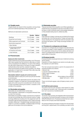 101
4. Annual Financial Statements
2.2 Tangible assets
Tangible assets are valued at their acquisition cost (purchase
price and incidental expenses) or their production cost.
Methods and depreciation periods are:
Duration Method
Buildings 15 to 20 years Linear
Equipment and tooling 5 to 10 years Linear
Office equipment and furniture 5 to 10 years Linear
Automotive equipment
◗ New Vehicles
• Commercial vehicles
(GVM under 3.5 t.)
5 years Linear
• Coaches and buses 10 to 15 years Linear
◗ Used Vehicles 2 to 14 years Linear
2.3 Financial assets
Equity and other investments
Equity investments are recorded at acquisition cost. If the acqui-
sition value is greater than the inventory or utility value, an impair-
ment is recognised for the difference. For each of the holdings,
the utility value is determined on the basis of a range of valuation
methods (discounted cash flow, revalued net position).
Other financial assets are stated at their acquisition cost. Where
applicable, an impairment is recorded if their utility value falls
below their acquisition cost.
Receivables related to equity and current accounts
Receivables related to equity and current accounts are recorded
at nominal value.
When equities are fully depreciated and the net assets of the
subsidiary is negative, an impairment of all receivables related to
equity and current accounts is recorded due to the risk of loss
of these receivables following the transfer or cessation of the
activities of the subsidiary.
2.4 Receivables and payables
Receivables are recorded at their nominal value.
Where applicable, a depreciation is recognised whenever there
is a risk of non-recovery.
Receivables and payables in foreign currencies are converted at
the year-end exchange rate of the functional currency. Foreign
exchange differences resulting from this adjustment with the
transaction date exchange rate appear under “foreign exchange
translation differences”. Unrealised foreign exchange losses are
subject to a provision for liabilities, unrealised foreign exchange
gains are not recorded in the income statement.
2.5 Marketable securities
These are recorded at their acquisition cost. Where applicable, an
impairment loss is recognised for each line of securities of a simi-
larnature,inordertobringtheirvaluetotheiraverageclosingprice,
or their probable trading value for unlisted securities.
2.6 Cash
Cash balances in foreign currencies are converted at the closing
exchange rate of the financial period. Foreign exchange diffe-
rences resulting from this adjustment with the transaction date
exchange rate appear under “foreign exchange translation dif-
ferences”.
2.7 Provisions for contingencies and charges
A provision for contingencies and charges is recorded when the
company has a legal or implicit obligation to a third party arising
from a past event, whose amount can be reliably estimated and
where it is probable that its settlement will cause an uncompen-
sated outflow of resources.
2.8 Employee benefits
Employee benefits include payments due on retirement and long
service awards.
Evaluations of these obligations are carried out annually using
the projected unit credit method.
The main actuarial assumptions used for the assessment of
employee benefits are as follows:
◗ Discount rate 	 1.49%
◗ Long-term expected inflation rate	 1.75%
◗ Rate of salary increases 	 4.50%
◗ Mobility rate	 6.40%
◗ Type of retirement	At the initiative of the employee
◗ Mortality table	INSEE TD/TV 2011 – 2013
These commitments appear under off-balance sheet commit-
ments.
2.9 Profit from joint ventures
The profit or loss from joint ventures in which Keolis S.A. holds
an interest are recorded under “Attributed profit or transferred
loss” and “Loss borne or transferred profit”.
2.10 Tax status
The results of the Company are integrated within the framework
of a tax group The Group’s tax parent company is the Company
GROUPE KEOLIS S.A.S. Procedures provide that tax is calcu-
lated as if the Company were taxed separately
Any savings achieved by the parent company from the tax losses
and long-term capital losses of the subsidiary are taken by the
 
