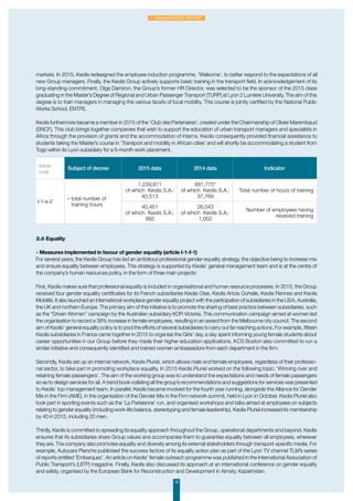 markets. In 2015, Keolis redesigned the employee induction programme, ‘Welkome’, to better respond to the expectations of all
new Group managers. Finally, the Keolis Group actively supports basic training in the transport field. In acknowledgement of its
long-standing commitment, Olga Damiron, the Group’s former HR Director, was selected to be the sponsor of the 2015 class
graduating in the Master’s Degree of Regional and Urban Passenger Transport (TURP) at Lyon 2 Lumière University. The aim of this
degree is to train managers in managing the various facets of local mobility. This course is jointly certified by the National Public
Works School, ENTPE.
Keolis furthermore became a member in 2015 of the ‘Club des Partenaires’, created under the Chairmanship of Olivier Marembaud
(SNCF). This club brings together companies that wish to support the education of urban transport managers and specialists in
Africa through the provision of grants and the accommodation of interns. Keolis consequently provided financial assistance to
students taking the Master’s course in ‘Transport and mobility in African cities’ and will shortly be accommodating a student from
Togo within its Lyon subsidiary for a 6-month work placement.
2.6 Equality
-	Measures implemented in favour of gender equality (article I-1-f-1)
For several years, the Keolis Group has led an ambitious professional gender equality strategy, the objective being to increase mix
and ensure equality between employees. This strategy is supported by Keolis’ general management team and is at the centre of
the company’s human resources policy, in the form of three main projects:
First, Keolis makes sure that professional equality is included in organisational and human resource processes. In 2015, the Group
received four gender equality certificates for its French subsidiaries Keolis Oise, Keolis Artois Gohelle, Keolis Rennes and Keolis
Mobilité. It also launched an international workplace gender equality project with the participation of subsidiaries in the USA, Australia,
the UK and northern Europe. The primary aim of this initiative is to promote the sharing of best practice between subsidiaries, such
as the “Driven Women” campaign by the Australian subsidiary KDR Victoria. This communication campaign aimed at women led
the organisation to record a 38% increase in female employees, resulting in an award from the Melbourne city council. The second
aim of Keolis’ general equality policy is to pool the efforts of several subsidiaries to carry out far-reaching actions. For example, fifteen
Keolis subsidiaries in France came together in 2015 to organise the Girls’ day, a day spent informing young female students about
career opportunities in our Group before they made their higher education applications. KCS Boston also committed to run a
similar initiative and consequently identified and trained women ambassadors from each department in the firm.
Secondly, Keolis set up an internal network, Keolis Pluriel, which allows male and female employees, regardless of their professio-
nal sector, to take part in promoting workplace equality. In 2015 Keolis Pluriel worked on the following topic: ‘Winning over and
retaining female passengers’. The aim of the working group was to understand the expectations and needs of female passengers
so as to design services for all. A trend book collating all the group’s recommendations and suggestions for services was presented
to Keolis’ top management team. In parallel, Keolis became involved for the fourth year running, alongside the Alliance for Gender
Mix in the Firm (AME), in the organisation of the Gender Mix in the Firm network summit, held in Lyon in October. Keolis Pluriel also
took part in sporting events such as the ‘La Parisienne’ run, and organised workshops and talks aimed at employees on subjects
relating to gender equality (including work-life balance, stereotyping and female leadership). Keolis Pluriel increased its membership
by 40 in 2015, including 20 men.
Thirdly, Keolis is committed to spreading its equality approach throughout the Group, operational departments and beyond. Keolis
ensures that its subsidiaries share Group values and accompanies them to guarantee equality between all employees, wherever
they are. The company also promotes equality and diversity among its external stakeholders through transport-specific media. For
example, Autocars Planche publicised the success factors of its equality action plan as part of the Lyon TV channel TLM’s series
of reports entitled ‘Embarquez’. An article on Keolis’ female outreach programme was published in the International Association of
Public Transport’s (UITP) magazine. Finally, Keolis also discussed its approach at an international conference on gender equality
and safety, organised by the European Bank for Reconstruction and Development in Almaty, Kazakhstan.
Article
code
Subject of decree 2015 data 2014 data Indicator
I-1-e-2
– total number of
training hours
1,239,811
of which Keolis S.A.:
40,513
681,775*
of which Keolis S.A.:
37,769
Total number of hours of training
40,461
of which Keolis S.A.:
992
26,043
of which Keolis S.A.:
1,002
Number of employees having
received training
15
1. Management Report
 