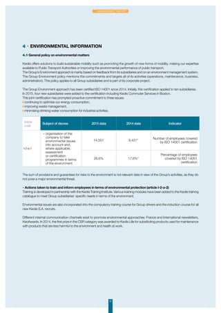 4 • Environmental information
4.1 General policy on environmental matters
Keolis offers solutions to build sustainable mobility such as promoting the growth of new forms of mobility, making our expertise
available to Public Transport Authorities or improving the environmental performance of public transport.
The Group’s Environment approach is mainly based on feedback from its subsidiaries and on an environment management system.
The Group Environment policy mentions the commitments and targets all of its activities (operations, maintenance, business,
administration). This policy applies to all Group subsidiaries and is part of its corporate project.
The Group Environment approach has been certified ISO 14001 since 2014. Initially, this certification applied to ten subsidiaries.
In 2015, four new subsidiaries were added to the certification including Keolis Commuter Services in Boston.
This joint certification has prompted proactive commitment to three issues:
◗ continuing to optimise our energy consumption,
◗ improving waste management,
◗ minimising drinking water consumption for industrial activities.
Article
code
Subject of decree 2015 data 2014 data Indicator
I-2-a-1
– organisation of the
company to take
environmental issues
into account and,
where applicable,
assessment
or certification
programmes in terms
of the environment
14,551 9,431*
Number of employees covered
by ISO 14001 certification
26.6% 17.6%*
Percentage of employees
covered by ISO 14001
certification
The sum of provisions and guarantees for risks to the environment is not relevant data in view of the Group’s activities, as they do
not pose a major environmental threat.
-	Actions taken to train and inform employees in terms of environmental protection (article I-2-a-2)
Training is developed in partnership with the Keolis Training Institute. Various training modules have been added to the Keolis training
catalogue to meet Group subsidiaries’ specific needs in terms of the environment.
Environmental issues are also incorporated into the compulsory training course for Group drivers and the induction course for all
new Keolis S.A. recruits.
Different internal communication channels exist to promote environmental approaches: France and International newsletters,
KeoAwards. In 2014, the first prize in the CSR category was awarded to Keolis Lille for substituting products used for maintenance
with products that are less harmful to the environment and health at work.
21
1. Management Report
 