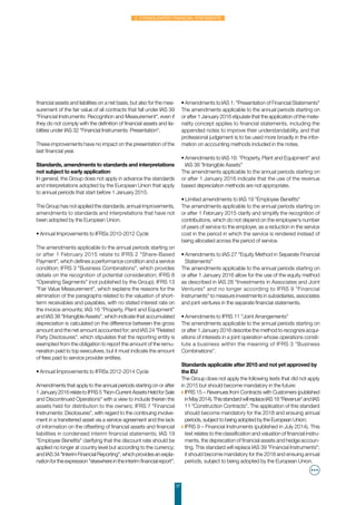 37
2. Consolidated financial statements
financial assets and liabilities on a net basis, but also for the mea-
surement of the fair value of all contracts that fall under IAS 39
Financial Instruments: Recognition and Measurement, even if
they do not comply with the definition of financial assets and lia-
bilities under IAS 32 Financial Instruments: Presentation.
These improvements have no impact on the presentation of the
last financial year.
Standards, amendments to standards and interpretations
not subject to early application
In general, the Group does not apply in advance the standards
and interpretations adopted by the European Union that apply
to annual periods that start before 1 January 2015.
The Group has not applied the standards, annual improvements,
amendments to standards and interpretations that have not
been adopted by the European Union.
•	Annual Improvements to IFRSs 2010-2012 Cycle
The amendments applicable to the annual periods starting on
or after 1 February 2015 relate to IFRS 2 Share-Based
Payment, which defines a performance condition and a service
condition; IFRS 3 Business Combinations, which provides
details on the recognition of potential consideration; IFRS 8
Operating Segments (not published by the Group); IFRS 13
Fair Value Measurement, which explains the reasons for the
elimination of the paragraphs related to the valuation of short-
term receivables and payables, with no stated interest rate on
the invoice amounts; IAS 16 Property, Plant and Equipment
and IAS 38 Intangible Assets, which indicate that accumulated
depreciation is calculated on the difference between the gross
amount and the net amount accounted for; and IAS 24 Related
Party Disclosures, which stipulates that the reporting entity is
exempted from the obligation to report the amount of the remu-
neration paid to top executives, but it must indicate the amount
of fees paid to service provider entities.
•	Annual Improvements to IFRSs 2012-2014 Cycle
Amendments that apply to the annual periods starting on or after
1January2016relatetoIFRS5Non-CurrentAssetsHeldforSale
and Discontinued Operations with a view to include therein the
assets held for distribution to the owners; IFRS 7 Financial
Instruments: Disclosures, with regard to the continuing involve-
ment in a transferred asset via a service agreement and the lack
of information on the offsetting of financial assets and financial
liabilities in condensed interim financial statements; IAS 19
Employee Benefits clarifying that the discount rate should be
applied no longer at country level but according to the currency;
andIAS34InterimFinancialReporting,whichprovidesanexpla-
nationfortheexpressionelsewhereintheinterimfinancialreport.
•	Amendments to IAS 1: Presentation of Financial Statements
The amendments applicable to the annual periods starting on
or after 1 January 2016 stipulate that the application of the mate-
riality concept applies to financial statements, including the
appended notes to improve their understandability, and that
professional judgement is to be used more broadly in the infor-
mation on accounting methods included in the notes.
•	Amendments to IAS 16: Property, Plant and Equipment and
IAS 38 Intangible Assets
The amendments applicable to the annual periods starting on
or after 1 January 2016 indicate that the use of the revenue
based depreciation methods are not appropriate.
•	Limited amendments to IAS 19 Employee Benefits
The amendments applicable to the annual periods starting on
or after 1 February 2015 clarify and simplify the recognition of
contributions, which do not depend on the employee's number
of years of service to the employer, as a reduction in the service
cost in the period in which the service is rendered instead of
being allocated across the period of service.
•	Amendments to IAS 27 Equity Method in Separate Financial
Statements
The amendments applicable to the annual periods starting on
or after 1 January 2016 allow for the use of the equity method
as described in IAS 28 Investments in Associates and Joint
Ventures and no longer according to IFRS 9 Financial
Instruments to measure investments in subsidiaries, associates
and joint ventures in the separate financial statements.
•	Amendments to IFRS 11 Joint Arrangements
The amendments applicable to the annual periods starting on
or after 1 January 2016 describe the method to recognize acqui-
sitions of interests in a joint operation whose operations consti-
tute a business within the meaning of IFRS 3 Business
Combinations.
Standards applicable after 2015 and not yet approved by
the EU
The Group does not apply the following texts that did not apply
in 2015 but should become mandatory in the future:
◗ IFRS 15 – Revenues from Contracts with Customers (published
inMay2014).ThisstandardwillreplaceIAS18RevenueandIAS
11 Construction Contracts. The application of this standard
should become mandatory for the 2018 and ensuing annual
periods, subject to being adopted by the European Union;
◗ IFRS 9 – Financial Instruments (published in July 2014). This
text relates to the classification and valuation of financial instru-
ments, the deprecation of financial assets and hedge accoun-
ting. This standard will replace IAS 39 Financial Instruments;
it should become mandatory for the 2018 and ensuing annual
periods, subject to being adopted by the European Union.
 