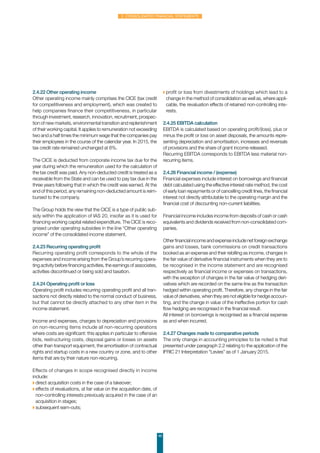 48
2. Consolidated financial statements
2.4.22 Other operating income
Other operating income mainly comprises the CICE (tax credit
for competitiveness and employment), which was created to
help companies finance their competitiveness, in particular
through investment, research, innovation, recruitment, prospec-
tion of new markets, environmental transition and replenishment
of their working capital. It applies to remuneration not exceeding
two and a half times the minimum wage that the companies pay
their employees in the course of the calendar year. In 2015, the
tax credit rate remained unchanged at 6%.
The CICE is deducted from corporate income tax due for the
year during which the remuneration used for the calculation of
the tax credit was paid. Any non-deducted credit is treated as a
receivable from the State and can be used to pay tax due in the
three years following that in which the credit was earned. At the
end of this period, any remaining non-deducted amount is reim-
bursed to the company.
The Group holds the view that the CICE is a type of public sub-
sidy within the application of IAS 20, insofar as it is used for
financing working capital related expenditure. The CICE is reco-
gnised under operating subsidies in the line “Other operating
income” of the consolidated income statement.
2.4.23 Recurring operating profit
Recurring operating profit corresponds to the whole of the
expenses and income arising from the Group’s recurring opera-
ting activity before financing activities, the earnings of associates,
activities discontinued or being sold and taxation.
2.4.24 Operating profit or loss
Operating profit includes recurring operating profit and all tran-
sactions not directly related to the normal conduct of business,
but that cannot be directly attached to any other item in the
income statement.
Income and expenses, charges to depreciation and provisions
on non-recurring items include all non-recurring operations
where costs are significant: this applies in particular to offensive
bids, restructuring costs, disposal gains or losses on assets
other than transport equipment, the amortisation of contractual
rights and startup costs in a new country or zone, and to other
items that are by their nature non-recurring.
Effects of changes in scope recognised directly in income
include:
◗ direct acquisition costs in the case of a takeover;
◗ effects of revaluations, at fair value on the acquisition date, of
non-controlling interests previously acquired in the case of an
acquisition in stages;
◗ subsequent earn-outs;
◗ profit or loss from divestments of holdings which lead to a
change in the method of consolidation as well as, where appli-
cable, the revaluation effects of retained non-controlling inte-
rests.
2.4.25 EBITDA calculation
EBITDA is calculated based on operating profit/(loss), plus or
minus the profit or loss on asset disposals, the amounts repre-
senting depreciation and amortisation, increases and reversals
of provisions and the share of grant income released.
Recurring EBITDA corresponds to EBITDA less material non-
recurring items.
2.4.26 Financial income / (expense)
Financial expenses include interest on borrowings and financial
debt calculated using the effective interest rate method, the cost
of early loan repayments or of cancelling credit lines, the financial
interest not directly attributable to the operating margin and the
financial cost of discounting non-current liabilities.
Financial income includes income from deposits of cash or cash
equivalents and dividends received from non-consolidated com-
panies.
Other financial income and expense include net foreign exchange
gains and losses, bank commissions on credit transactions
booked as an expense and their rebilling as income, changes in
the fair value of derivative financial instruments when they are to
be recognised in the income statement and are recognised
respectively as financial income or expenses on transactions,
with the exception of changes in the fair value of hedging deri-
vatives which are recorded on the same line as the transaction
hedged within operating profit. Therefore, any change in the fair
value of derivatives, when they are not eligible for hedge accoun-
ting, and the change in value of the ineffective portion for cash
flow hedging are recognised in the financial result.
All interest on borrowings is recognised as a financial expense
as and when incurred.
2.4.27 Changes made to comparative periods
The only change in accounting principles to be noted is that
presented under paragraph 2.2 relating to the application of the
IFRIC 21 Interpretation “Levies” as of 1 January 2015.
 
