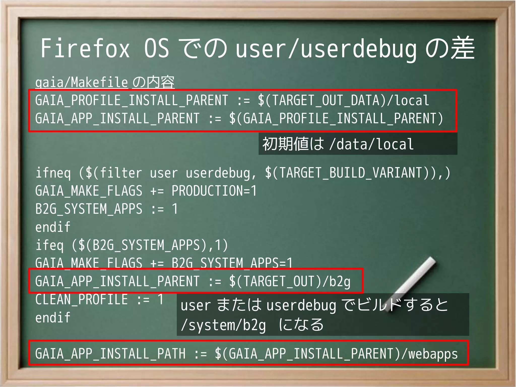 Firefox OS での user/userdebug の差
gaia/Makefile の内容
GAIA_PROFILE_INSTALL_PARENT := $(TARGET_OUT_DATA)/local
GAIA_APP_INSTALL_PARENT := $(GAIA_PROFILE_INSTALL_PARENT)
ifneq ($(filter user userdebug, $(TARGET_BUILD_VARIANT)),)
GAIA_MAKE_FLAGS += PRODUCTION=1
B2G_SYSTEM_APPS := 1
endif
ifeq ($(B2G_SYSTEM_APPS),1)
GAIA_MAKE_FLAGS += B2G_SYSTEM_APPS=1
GAIA_APP_INSTALL_PARENT := $(TARGET_OUT)/b2g
CLEAN_PROFILE := 1
endif
GAIA_APP_INSTALL_PATH := $(GAIA_APP_INSTALL_PARENT)/webapps
user または userdebug でビルドすると
/system/b2g になる
user または userdebug でビルドすると
/system/b2g になる
初期値は /data/local初期値は /data/local
 