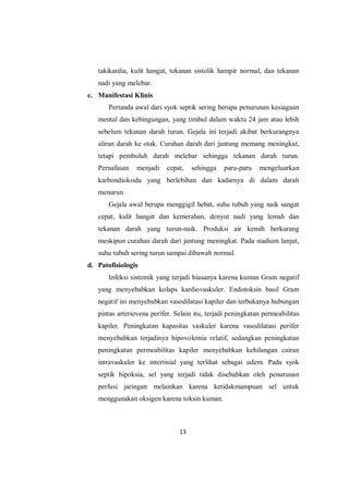 13
takikardia, kulit hangat, tekanan sistolik hampir normal, dan tekanan
nadi yang melebar.
c. Manifestasi Klinis
Pertanda awal dari syok septik sering berupa penurunan kesiagaan
mental dan kebingungan, yang timbul dalam waktu 24 jam atau lebih
sebelum tekanan darah turun. Gejala ini terjadi akibat berkurangnya
aliran darah ke otak. Curahan darah dari jantung memang meningkat,
tetapi pembuluh darah melebar sehingga tekanan darah turun.
Pernafasan menjadi cepat, sehingga paru-paru mengeluarkan
karbondioksida yang berlebihan dan kadarnya di dalam darah
menurun.
Gejala awal berupa menggigil hebat, suhu tubuh yang naik sangat
cepat, kulit hangat dan kemerahan, denyut nadi yang lemah dan
tekanan darah yang turun-naik. Produksi air kemih berkurang
meskipun curahan darah dari jantung meningkat. Pada stadium lanjut,
suhu tubuh sering turun sampai dibawah normal.
d. Patofisiologis
Infeksi sistemik yang terjadi biasanya karena kuman Gram negatif
yang menyebabkan kolaps kardiovaskuler. Endotoksin basil Gram
negatif ini menyebabkan vasodilatasi kapiler dan terbukanya hubungan
pintas arteriovena perifer. Selain itu, terjadi peningkatan permeabilitas
kapiler. Peningkatan kapasitas vaskuler karena vasodilatasi perifer
menyebabkan terjadinya hipovolemia relatif, sedangkan peningkatan
peningkatan permeabilitas kapiler menyebabkan kehilangan cairan
intravaskuler ke intertisial yang terlihat sebagai udem. Pada syok
septik hipoksia, sel yang terjadi tidak disebabkan oleh penurunan
perfusi jaringan melainkan karena ketidakmampuan sel untuk
menggunakan oksigen karena toksin kuman.
 