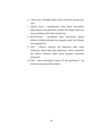 18
6. Laktat serum : Meningkat dalam asidosis metabolik, disfungsi hati,
syok.
7. Glukosa Serum : hiperglikenmio yang terjadi menunjukkan
glikoneogenesis dan glikonolisis di dalam hati sebagai respon dari
puasa/ perubahan seluler dalam metabolisme
8. BUN/Kreatinin : peningkatan kadar diasosiasikan dengan
dehidrasi, ketidakseimbangan atau kegagalan ginjal, dan disfungsi
atau kegagalan hati.
9. GDA : Alkalosis respiratosi dan hipoksemia dapat terjadi
sebelumnya. Dalam tahap lanjut hipoksemia, asidosis respiratorik
dan asidosis metabolik terjadi karena kegagalan mekanisme
kompensasi
10. EKG : dapat menunjukkan segmen ST dan gelombang T dan
distritmia menyerupai infark miokard
 