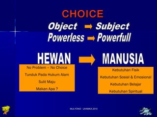 CCHHOOIICCEE 
MULYONO: UUHHAAMMKKAA 22001100 1122 
No Problem – No Choice 
Tunduk Pada Hukum Alam 
Sulit Maju 
Makan Apa ? 
Kebutuhan Fisik 
Kebutuhan Sosial & Emosional 
Kebutuhan Belajar 
Kebutuhan Spiritual 
 