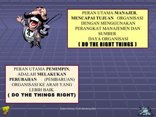 PERAN UTAMA PEMIMPIN, 
ADALAH MELAKUKAN 
PERUBAHAN (PEMBARUAN) 
ORGANISASI KE ARAH YANG 
Edison Ginting; TTEEDDCC BBaanndduunngg 22000055 1144 
LEBIH BAIK. 
( DO THE THINGS RIGHT) 
• PERAN UTAMA MANAJER, 
MENCAPAI TUJUAN ORGANISASI 
DENGAN MENGGUNAKAN 
PERANGKAT MANAJEMEN DAN 
SUMBER 
DAYA ORGANISASI 
( DO THE RIGHT THINGS ) 
 