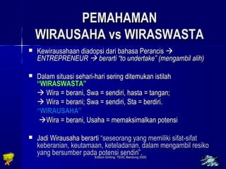 PPEEMMAAHHAAMMAANN 
WWIIRRAAUUSSAAHHAA vvss WWIIRRAASSWWAASSTTAA 
 KKeewwiirraauussaahhaaaann ddiiaaddooppssii ddaarrii bbaahhaassaa PPeerraanncciiss  
EENNTTRREEPPRREENNEEUURR  bbeerraarrttii ““ttoo uunnddeerrttaakkee”” ((mmeennggaammbbiill aalliihh)) 
 DDaallaamm ssiittuuaassii sseehhaarrii--hhaarrii sseerriinngg ddiitteemmuukkaann iissttiillaahh 
““WWIIRRAASSWWAASSTTAA”” 
 WWiirraa == bbeerraannii,, SSwwaa == sseennddiirrii,, hhaassttaa == ttaannggaann;; 
 WWiirraa == bbeerraannii;; SSwwaa == sseennddiirrii,, SSttaa == bbeerrddiirrii.. 
““WWIIRRAAUUSSAAHHAA”” 
WWiirraa == bbeerraannii,, UUssaahhaa == mmeemmaakkssiimmaallkkaann ppootteennssii 
 JJaaddii WWiirraauussaahhaa bbeerraarrttii ““sseesseeoorraanngg yyaanngg mmeemmiilliikkii ssiiffaatt--ssiiffaatt 
kkeebbeerraanniiaann,, kkeeuuttaammaaaann,, kkeetteellaaddaannaann,, ddaallaamm mmeennggaammbbiill rreessiikkoo 
yyaanngg bbeerrssuummbbeerr ppaaddaa ppootteennssii sseennddiirrii””.. 
Edison Ginting; TTEEDDCC BBaanndduunngg 22000055 1188 
 