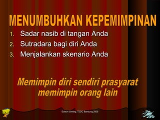 11.. SSaaddaarr nnaassiibb ddii ttaannggaann AAnnddaa 
22.. SSuuttrraaddaarraa bbaaggii ddiirrii AAnnddaa 
33.. MMeennjjaallaannkkaann sskkeennaarriioo AAnnddaa 
Edison Ginting; TTEEDDCC BBaanndduunngg 22000055 4411 
 