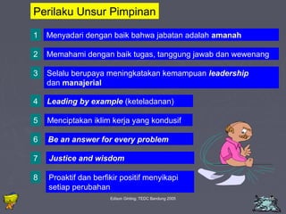 Perilaku Unsur Pimpinan 
1 Menyadari dengan baik bahwa jabatan adalah amanah 
2 Memahami dengan baik tugas, tanggung jawab dan wewenang 
3 Selalu berupaya meningkatakan kemampuan leadership 
Edison Ginting; TEDC Bandung 2005 48 
dan manajerial 
4 Leading by example (keteladanan) 
5 Menciptakan iklim kerja yang kondusif 
6 Be an answer for every problem 
7 Justice and wisdom 
8 Proaktif dan berfikir positif menyikapi 
setiap perubahan 
 