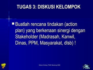 TTUUGGAASS 33:: DDIISSKKUUSSII KKEELLOOMMPPOOKK 
 BBuuaattllaahh rreennccaannaa ttiinnddaakkaann ((aaccttiioonn 
ppllaann)) yyaanngg bbeerrkkeennaaaann ssiinneerrggii ddeennggaann 
SSttaakkeehhoollddeerr ((MMaaddrraassaahh,, KKaannwwiill,, 
DDiinnaass,, PPPPMM,, MMaassyyaarraakkaatt,, ddllssbb)) !! 
Edison Ginting; TTEEDDCC BBaanndduunngg 22000055 8811 
