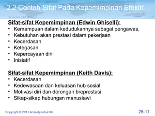 2.2 Contoh Sifat Pada Kepemimpinan Efektif

 Sifat-sifat Kepemimpinan (Edwin Ghiselli):
 •    Kemampuan dalam kedudukannya sebagai pengawas,
 •    Kebutuhan akan prestasi dalam pekerjaan
 •    Kecerdasan
 •    Ketegasan
 •    Kepercayaan diri
 •    Inisiatif

 Sifat-sifat Kepemimpinan (Keith Davis):
 •    Kecerdasan
 •    Kedewasaan dan keluasan hub sosial
 •    Motivasi diri dan dorongan breprestasi
 •    Sikap-sikap hubungan manusiawi

Copyright © 2011 Arissetyanto-Hitri                25-11
 