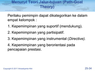 Menurut Teori Jalur-tujuan (Path-Goal
                       Theory)

     Perilaku pemimpin dapat dikategorikan ke dalam
     empat kelompok :
     1. Kepemimpinan yang suportif (mendukung).
     2. Kepemimpinan yang partisipatif.
     3. Kepemimpinan yang instrumental (Directive).
     4. Kepemimpinan yang berorientasi pada
     pencapaian prestasi.




Copyright © 2011 Arissetyanto-Hitri               25-34
 