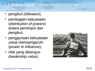 1.2 Aspek-Aspek Dalam Kepemimpinan

 • pengikut (followers),
 • pembagian kekuasaan
   (distribution of powers)
   antara pemimpin dan
   pengikut,
 • penggunaan kekuasaan
   untuk mempengaruhi
   (power to influence),
 • nilai yang dibangun
   (leadership value).


Copyright © 2011 Arissetyanto-Hitri   25-8
 