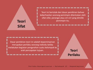 Teori ini bertolak dari dasar pemikiran bahwa
                              keberhasilan seorang pemimpin ditentukan oleh
                                sifat-sifat, perangai atau ciri-ciri yang dimiliki
        Teori                                    pemimpin itu.

        Sifat


 Dasar pemikiran teori ini adalah kepemimpinan
   merupakan perilaku seorang individu ketika
melakukan kegiatan pengarahan suatu kelompok ke
            arah pencapaian tujuan.                           Teori
                                                             Perilaku


                   Perilaku Keorganisasian – Kelompok 12 - Kepemimpinan
 