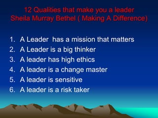 12 Qualities that make you a leader
Sheila Murray Bethel ( Making A Difference)
1. A Leader has a mission that matters
2. A Leader is a big thinker
3. A leader has high ethics
4. A leader is a change master
5. A leader is sensitive
6. A leader is a risk taker
 