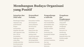 Membangun Budaya Organisasi
yang Positif
Integritas dan
Nilai-nilai
Membangun budaya
organisasi yang
positif dimulai
dengan
menanamkan
integritas dan nilai-
nilai organisasi yang
jelas. Hal ini
menciptakan
lingkungan kerja
yang saling
menghormati dan
berorientasi pada
tujuan bersama.
Komunikasi
Terbuka
Komunikasi terbuka
dan transparan
antara pimpinan
dan karyawan
memupuk
kepercayaan dan
keterlibatan. Ini
penting untuk
mendorong umpan
balik, kolaborasi,
dan pengambilan
keputusan bersama.
Pengembanga
n Individu
Organisasi yang
kuat memfasilitasi
pertumbuhan dan
pengembangan
individu melalui
pelatihan,
mentoring, dan
kesempatan belajar.
Hal ini
meningkatkan
motivasi, komitmen,
dan rasa
kepemilikan
karyawan.
Pengakuan
dan
Penghargaan
Budaya organisasi
yang positif
mengakui dan
menghargai
kontribusi
karyawan. Ini
mendorong
semangat tim,
kepuasan kerja, dan
loyalitas jangka
panjang.
 