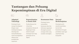 Tantangan dan Peluang
Kepemimpinan di Era Digital
Adaptasi
Teknologi
Pemimpin harus
mampu beradaptasi
dengan cepat
terhadap kemajuan
teknologi dan
memanfaatkannya
untuk meningkatkan
efisiensi dan
produktivitas
organisasi.
Kepemimpina
n Jarak Jauh
Pemberdayaan tim
virtual dan
manajemen kinerja di
lingkungan kerja
hybrid menjadi
tantangan baru bagi
pemimpin di era
digital.
Keamanan Data
Pemimpin harus
memastikan
keamanan data dan
informasi organisasi
di tengah ancaman
serangan siber yang
semakin meningkat.
Inovasi
Berkelanjutan
Pemimpin perlu
mendorong budaya
inovasi dan
kreativitas di tengah
perubahan cepat agar
organisasi tetap
kompetitif.
 