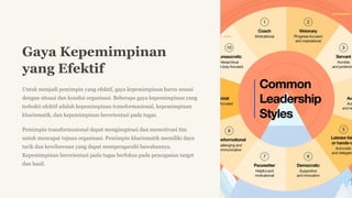 Gaya Kepemimpinan
yang Efektif
Untuk menjadi pemimpin yang efektif, gaya kepemimpinan harus sesuai
dengan situasi dan kondisi organisasi. Beberapa gaya kepemimpinan yang
terbukti efektif adalah kepemimpinan transformasional, kepemimpinan
kharismatik, dan kepemimpinan berorientasi pada tugas.
Pemimpin transformasional dapat menginspirasi dan memotivasi tim
untuk mencapai tujuan organisasi. Pemimpin kharismatik memiliki daya
tarik dan kewibawaan yang dapat mempengaruhi bawahannya.
Kepemimpinan berorientasi pada tugas berfokus pada pencapaian target
dan hasil.
 