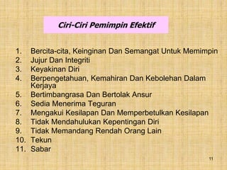 11
Ciri-Ciri Pemimpin Efektif
1. Bercita-cita, Keinginan Dan Semangat Untuk Memimpin
2. Jujur Dan Integriti
3. Keyakinan Diri
4. Berpengetahuan, Kemahiran Dan Kebolehan Dalam
Kerjaya
5. Bertimbangrasa Dan Bertolak Ansur
6. Sedia Menerima Teguran
7. Mengakui Kesilapan Dan Memperbetulkan Kesilapan
8. Tidak Mendahulukan Kepentingan Diri
9. Tidak Memandang Rendah Orang Lain
10. Tekun
11. Sabar
 
