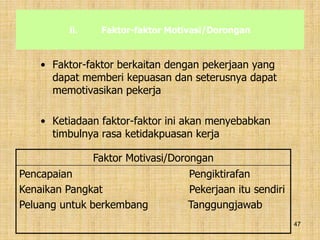 47
ii. Faktor-faktor Motivasi/Dorongan
• Faktor-faktor berkaitan dengan pekerjaan yang
dapat memberi kepuasan dan seterusnya dapat
memotivasikan pekerja
• Ketiadaan faktor-faktor ini akan menyebabkan
timbulnya rasa ketidakpuasan kerja
Faktor Motivasi/Dorongan
Pencapaian Pengiktirafan
Kenaikan Pangkat Pekerjaan itu sendiri
Peluang untuk berkembang Tanggungjawab
 