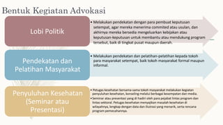 Bentuk Kegiatan Advokasi
• Melakukan pendekatan dengan para pembuat keputusan
setempat, agar mereka menerima commited atau usulan, dan
akhirnya mereka bersedia mengeluarkan kebijakan atau
keputusan-keputusan untuk membantu atau mendukung program
tersebut, baik di tingkat pusat maupun daerah.
Lobi Politik
• Melakukan pendekatan dan pelatihan-pelatihan kepada tokoh
para masyarakat setempat, baik tokoh masyarakat formal maupun
informal.
Pendekatan dan
Pelatihan Masyarakat
• Petugas kesehatan bersama-sama tokoh masyarakat melakukan kegiatan
penyuluhan kesehatan, konseling melalui berbagai kesempatan dan media.
•Seminar atau presentasi yang di hadiri oleh para pejabat lintas program dan
lintas sektoral. Petugas kesehatan menyajikan masalah kesehatan di
wilayahnya, lengkap dengan data dan iliutrasi yang menarik, serta rencana
program pemecahannya.
Penyuluhan Kesehatan
(Seminar atau
Presentasi)
 