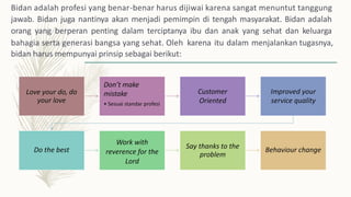Bidan adalah profesi yang benar-benar harus dijiwai karena sangat menuntut tanggung
jawab. Bidan juga nantinya akan menjadi pemimpin di tengah masyarakat. Bidan adalah
orang yang berperan penting dalam terciptanya ibu dan anak yang sehat dan keluarga
bahagia serta generasi bangsa yang sehat. Oleh
bidan harus mempunyai prinsip sebagai berikut:
karena itu dalam menjalankan tugasnya,
service quality
Behaviour change
Say thanks to the
problem
Work with
reverence for the
Lord
Do the best
Improved your
Customer
Oriented
Don’t make
mistake
• Sesuai standar profesi
Love your do, do
your love
 