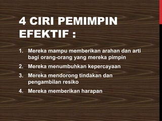 4 CIRI PEMIMPIN
EFEKTIF :
1. Mereka mampu memberikan arahan dan arti
bagi orang-orang yang mereka pimpin
2. Mereka menumbuhkan kepercayaan
3. Mereka mendorong tindakan dan
pengambilan resiko
4. Mereka memberikan harapan
 