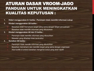 ATURAN DASAR VROOM-JAGO
PANDUAN UNTUK MENINGKATKAN
KUALITAS KEPUTUSAN :
1. Hidari menggunakan A I ketika : Pemimpin tidak memiliki informasi cukup
2. Hindari menggunakan GII ketika :
a. Bawahan tidak memahami target yang sama dengan target perusahaan
b. Bawahan tidak memiliki informasi yang dibutuhkan
3. Hindari menggunakan AII dan CI ketika :
a. Pemimpin tidak memiliki informasi yang dibutuhkan
b. Masalah yang dihadapi tidak terstruktur
4. Gunakan GII ketika :
a. Pemimpin tidak memilki informasi yang dibutuhkan
b. Bawahan memahami dan memiliki target yang sama dengan organisasi
c. Ada konflik di antara bawahan mengenai solusi yang akan dipilih
 