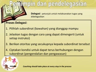 Delegasi : petunjuk untuk melaksanakan tugas yang
didelegasikan
Proses Delegasi:
1. Pilihlah subordinat (bawahan) yang dianggap mampu
2. Jelaskan tugas dengan cara yang dapat dimengerti (untuk
setiap instruksi)
3. Berikan otoritas yang secukupnya kepada subordinat tersebut
4. Ciptakan kondisi untuk dapat terus berhubungan dengan
subordinat (pengendalian dan pengawasan)
Coaching should take place at every step in the process
 