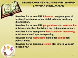 ELEMEN POKOK YG HARUS DIPENUHI SEBELUM
BAWAHAN DIBERDAYAKAN
KEPEMIMPINAN 20
• Bawahan harus memiliki informasi yang menyeluruh
tentang kinerja perusahaan-tidak ada informasi yang
dirahasiakan.
• Bawahan harus memiliki pengetahuan dan keterampilan
untuk memberikan kontribusi bagi tujuan perusahaan.
• Bawahan harus mempunyai kekuasaan dan wewenang
untuk membuat keputusan penting.
• Bawahan harus memahami makna dan akibat dari
pekerjaannya.
• Bawahan harus diberikan reward atas kinerja yg dapat
dicapainya.*
 