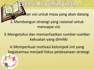 1.Menciptakan visi untuk masa yang akan datang
2.Membangun strategi yang rasional untuk
mencapai visi
3.Mengetahui dan memanfaatkan sumber-sumber
kekuatan yang dimiliki
4.Memperkuat motivasi kelompok inti yang
kegiatannya menjadi fokus pelaksanaan strategi
 