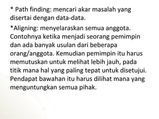 * Path finding: mencari akar masalah yang
disertai dengan data-data.
*Aligning: menyelaraskan semua anggota.
Contohnya ketika menjadi seorang pemimpin
dan ada banyak usulan dari beberapa
orang/anggota. Kemudian pemimpin itu harus
memutuskan untuk melihat lebih jauh, pada
titik mana hal yang paling tepat untuk disetujui.
Pendapat bawahan itu harus dilihat mana yang
menguntungkan semua pihak.
 