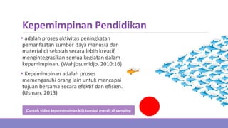 Kepemimpinan Pendidikan
 adalah proses aktivitas peningkatan
pemanfaatan sumber daya manusia dan
material di sekolah secara lebih kreatif,
mengintegrasikan semua kegiatan dalam
kepemimpinan. (Wahjosumidjo, 2010:16)
 Kepemimpinan adalah proses
memengaruhi orang lain untuk mencapai
tujuan bersama secara efektif dan efisien.
(Usman, 2013)
Contoh video kepemimpinan klik tombol merah di samping
 