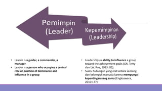 • Leader is a guider, a commander, a
manager
• Leader is a person who occupies a central
role or position of dominance and
influence in a group
• Leadership as ability to influence a group
toward the achievement goals (GR. Terry
dan LW. Rue, 1993: 82).
• Suatu hubungan yang erat antara seorang
dan kelompok manusia karena mempunyai
kepentingan yang sama (Engkoswara,
2010:177)
 