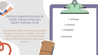 3. Al-Qiyadah
4. Al-Za'amah
definisi kepemimpinan &
istilah kepemimpinan
dalam bahasa arab
kepemimpinan adalah seseorang yang mampu
mengatur, mendorong, mengajak, menuntun,
serta menggerakkan orang atau kelompok
untuk membantu tercapainya suatu tujuan
bersama
1. Al-Ri'ayah
2. Al-Imarah
 