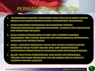 1. KEPEMIMPINAN NASIONAL NEGARAWAN YANG PANCASILAIS MASIH KURANG MEMILIKI DAN MENGUTAMAKAN MORAL KEPEMIMPINAN NEGARAWAN. 2. MASIH RENDAHNYA PEMAHAMAN DAN KESADARAN TENTANG PENGIMPLEMENTASIAN WAWASAN NUSANTARA, SEHINGGA JIWA KEBANGSAAN DAN PATRIOTISME MELEMAH. 3. MASIH SERING DITEMUKANNYA PEJABAT ATAU PEMIMPIN NASIONAL NEGARAWAN YANG KURANG BERPIHAK DAN MENGUTAMAKAN KEPENTINGAN, KEINGINAN DAN ASPIRASI RAKYAT. 4. MASIH LEMAHNYA PENEGAKAN HUKUM DAN ATURAN SEHINGGA BANYAK DITEMUKAN KASUS PEJABAT NEGARA YANG LEBIH MEMENTINGKAN KEPENTINGAN PRIBADI MAUPUN GOLONGAN DIATAS KEPENTINGAN NEGARA 5. BELUM TERCIPTANYA PEMERINTAHAN YANG BERSIH DAN BERWIBAWA, PERILAKU KKN MASIH MEMBUDAYA DAN MELEMBAGA BAIK DI EKSEKUTIF, YUDIKATIF MAUPUN LEGISLATIF. 
DR.YANI/TASIKMALAYA/2014 
PENDIDIKAN, PENGAWAS DAN PENILIK 
16  